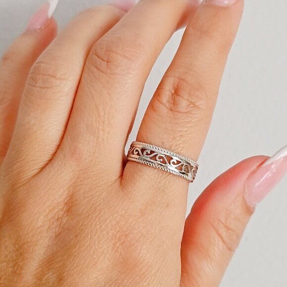 925 Solid Swirled Sterling Silver Women Ring, Swirl Pattern, Filigree Thumb Band - Picture 1 of 7